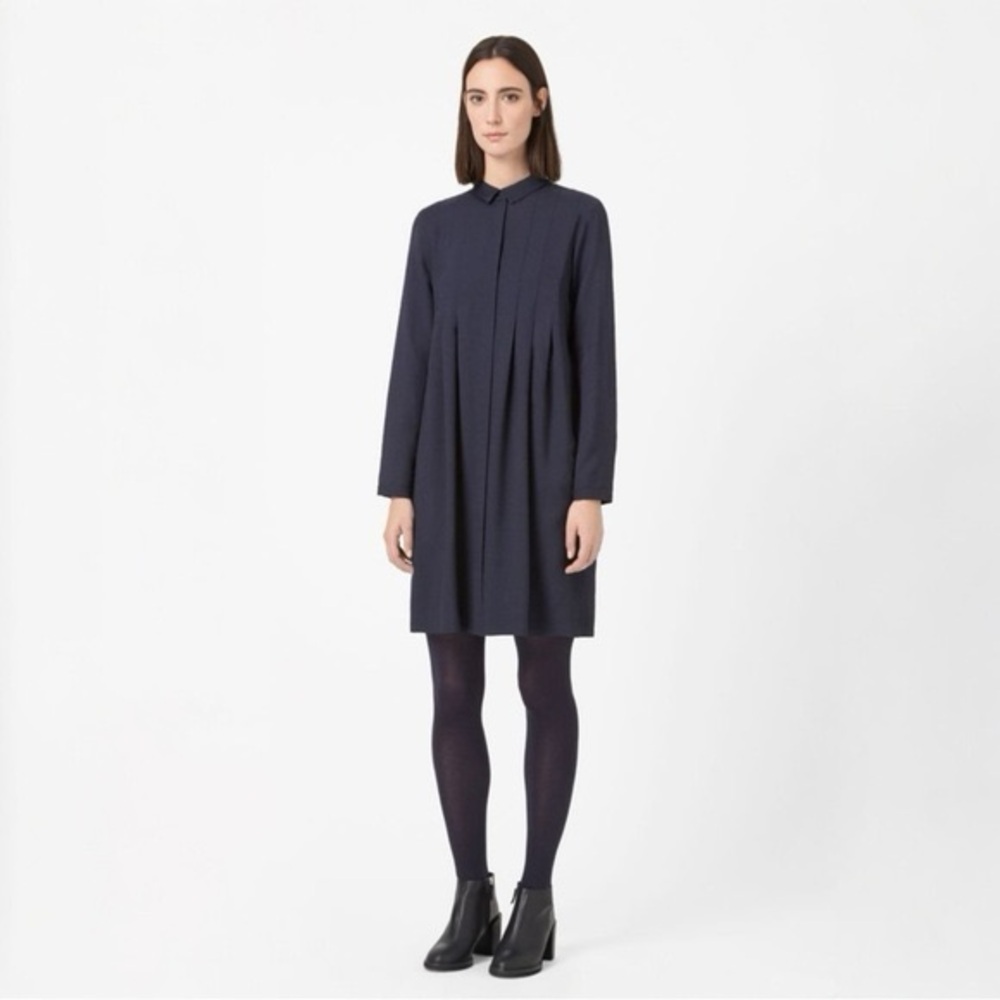 COS Pleated Shirt Dress Size 4 Navy Blue Wool Minimal Long Sleeve Mini